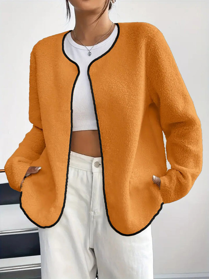 Damen Kurzjacke Teddy-Fleece Cardigan ohne Verschluss mit Rundhals Drune