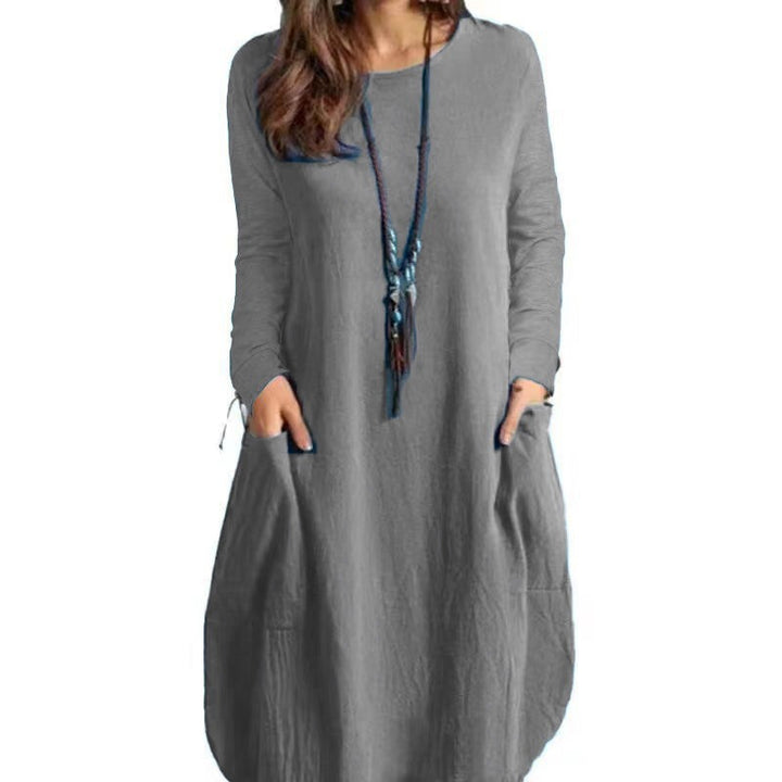 Damen Langes A‑Linien Leinenoptik Kleid mit Eingrifftaschen und Rundhalsausschnitt Drune