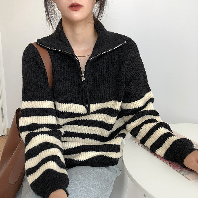 Damen gestreifter Pullover mit halblangem Reißverschluss und lässigem Schnitt Drune