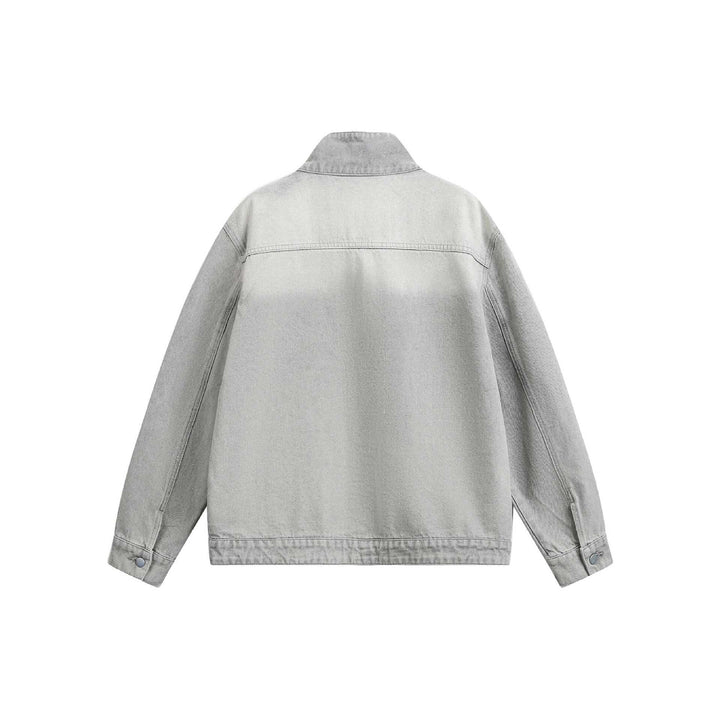 Unisex Boxy-Jeansblouson mit asymmetrischer Druckknopfblende und hohem Stehkragen Drune