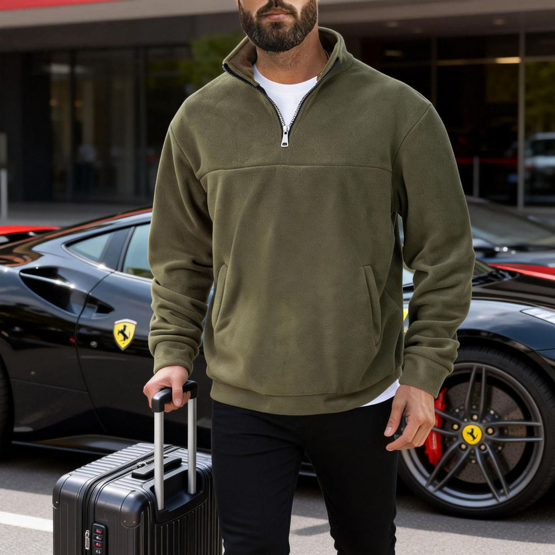 Herren warmer Fleece-Halbzip-Pullover mit Stehkragen, Kängurutasche und Relaxed Fit Drune