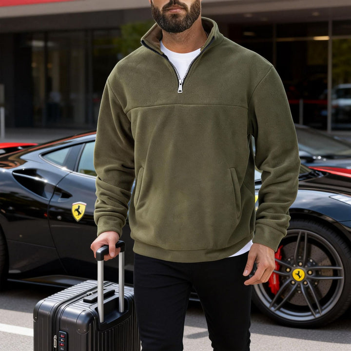 Herren warmer Fleece-Halbzip-Pullover mit Stehkragen, Kängurutasche und Relaxed Fit Drune