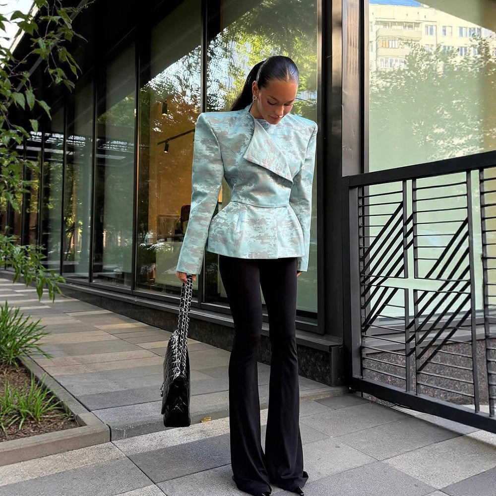 Damen Taillierter Jacquard-Blazer mit betonten Schultern, Schößchen und asymmetrischem Revers Drune