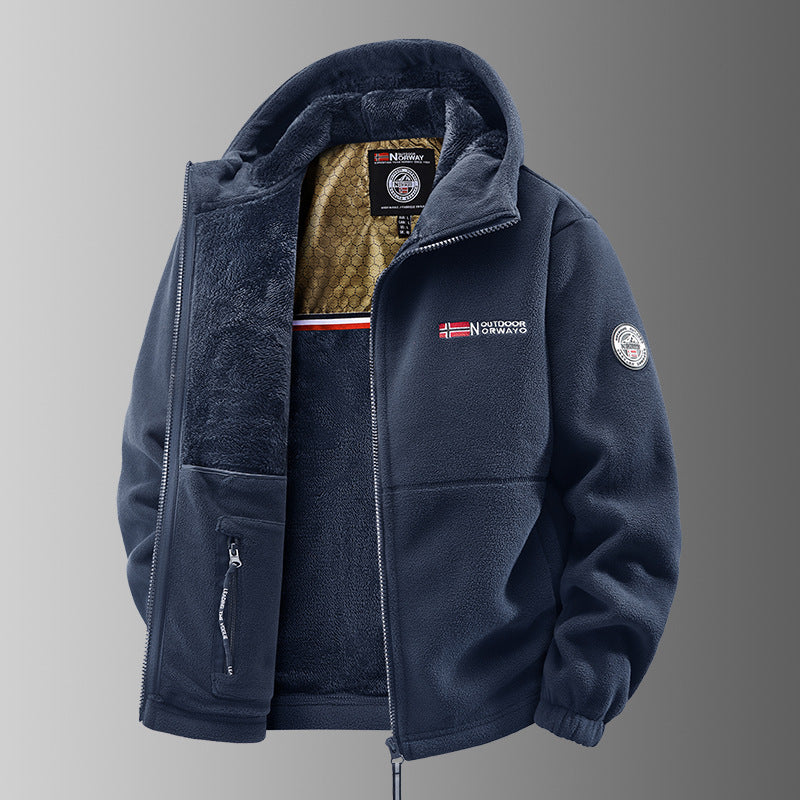 Herren Kuschelige Fleece‑Kapuzenjacke mit Teddyfutter, windabweisend und Reißverschlusstaschen Drune