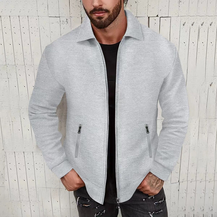 Herren minimalistische Stehkragen-Feinstrick-Übergangsjacke mit Zwei-Wege-Reißverschluss und verdeckten Reißverschlusstaschen Drune