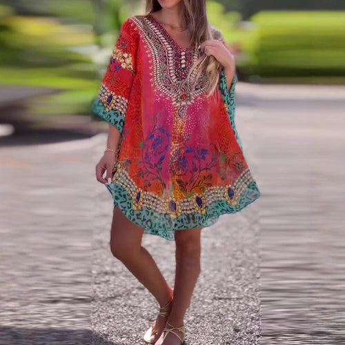 Damen nan kurzes Tunika-Kaftan mit verziertem V-Ausschnitt und floral-animalischer Bordüre Drune