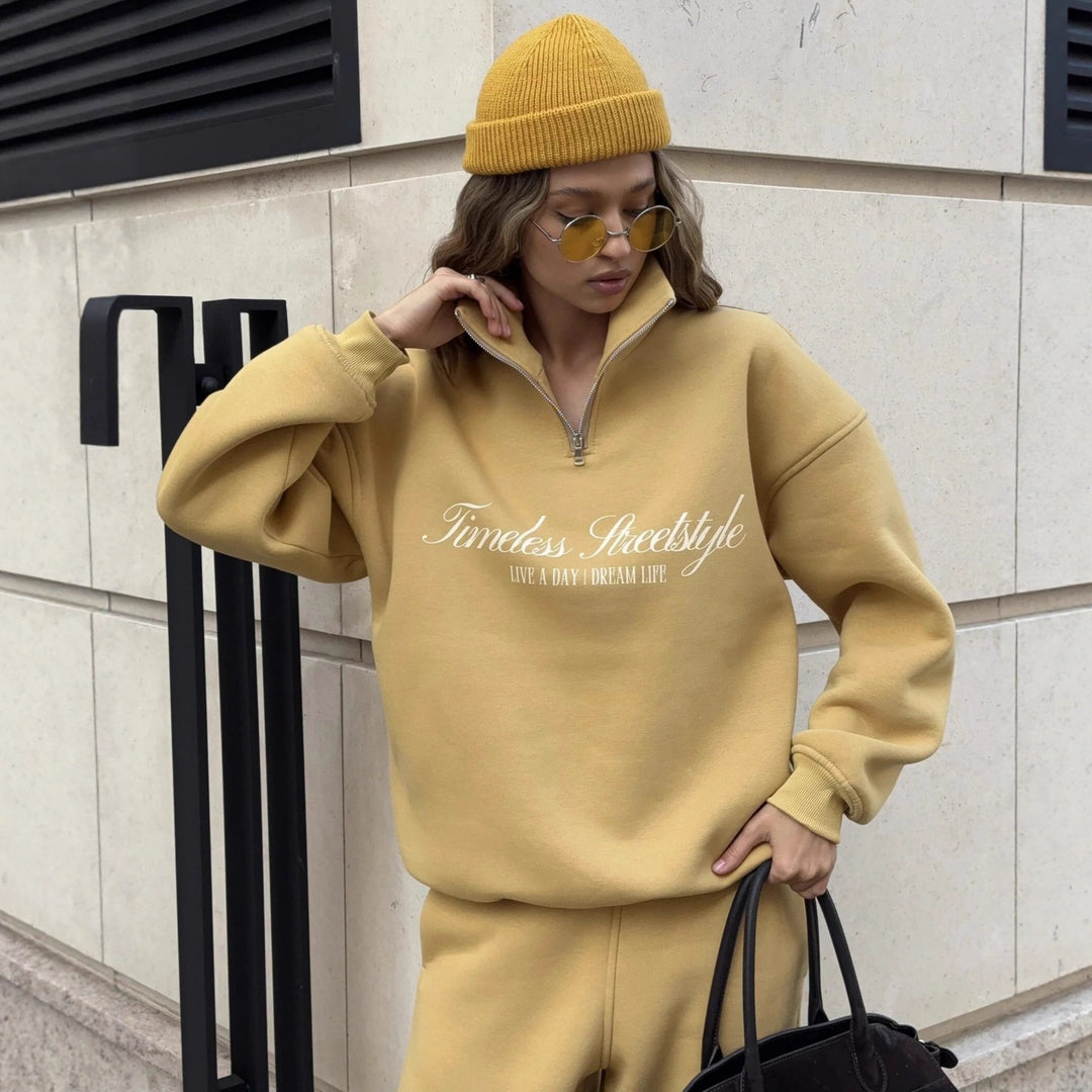 Damen sportlicher Halbärmel Pullover mit durchgehendem Reißverschluss und oversized Schnitt