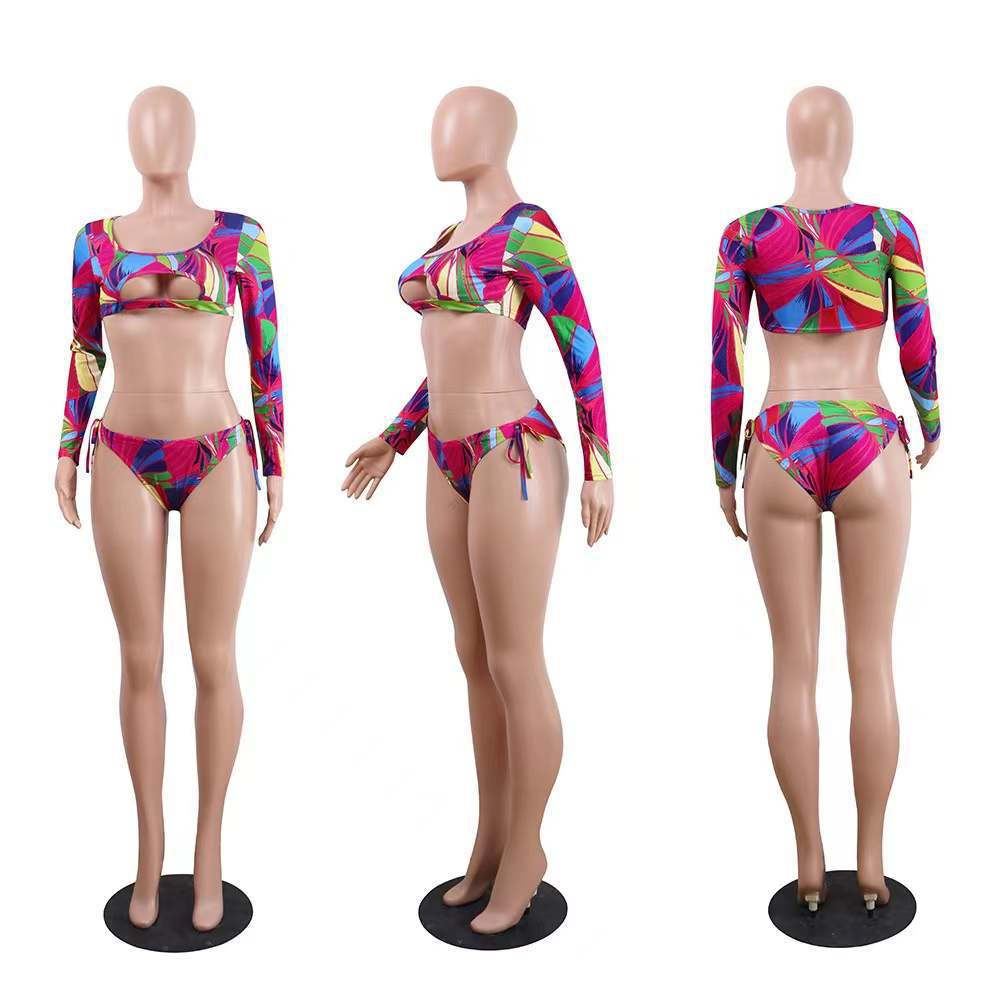 Damen Bikini-Set mit langärmeligen Oberteil und ausgefallenem Muster Drune
