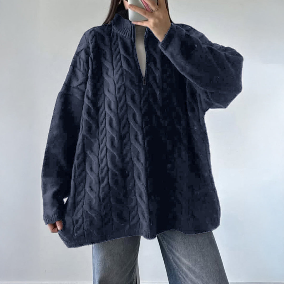 Damen nan oversized Zopfmuster-Troyer mit halbem Reißverschluss, hohem Stehkragen und gerundetem Saum Drune