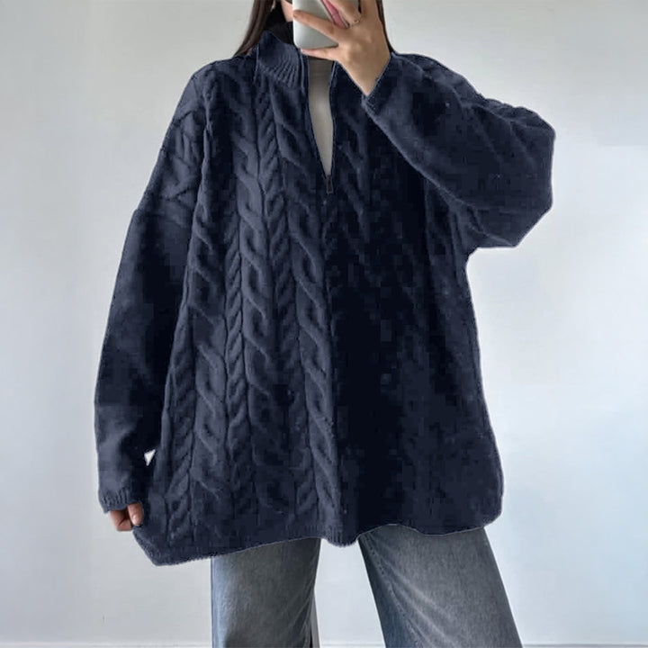 Damen nan oversized Zopfmuster-Troyer mit halbem Reißverschluss, hohem Stehkragen und gerundetem Saum Drune