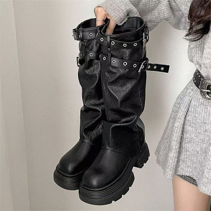 Damen Plateau-Stiefel mit modischem Schnallenverschluss und eleganter Faltenoptik Drune