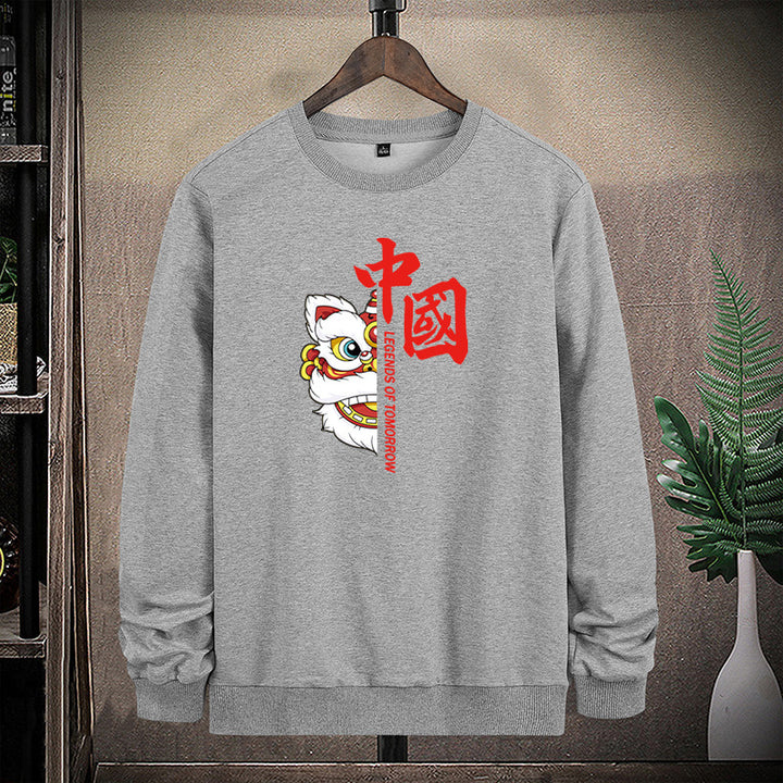 Herren Sweatshirt mit traditionellem Löwentanz‑Motiv und Rundhalsausschnitt Drune