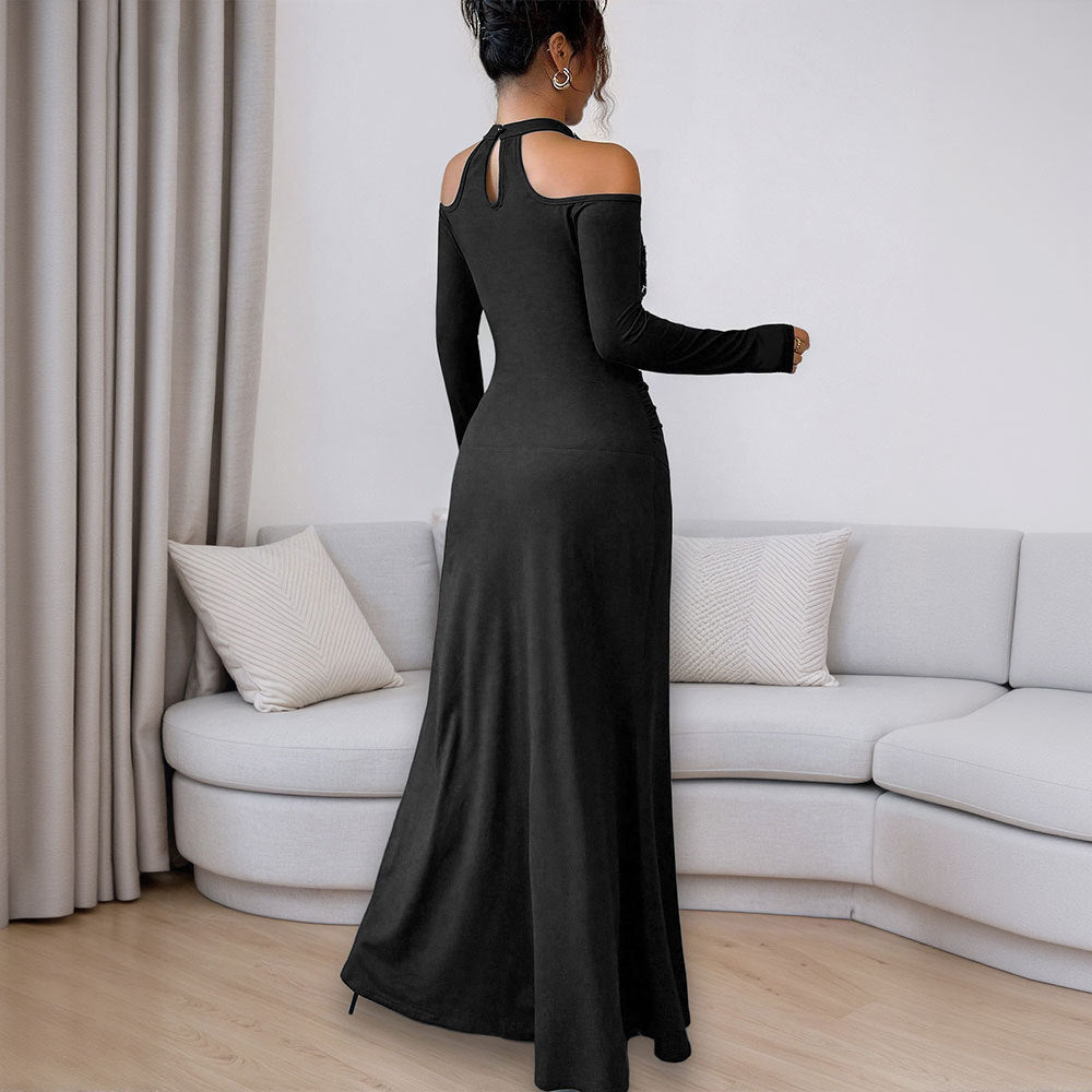 Damen figurbetontes Abendkleid mit schulterfreier Ärmelgestaltung und floralen Akzenten Drune