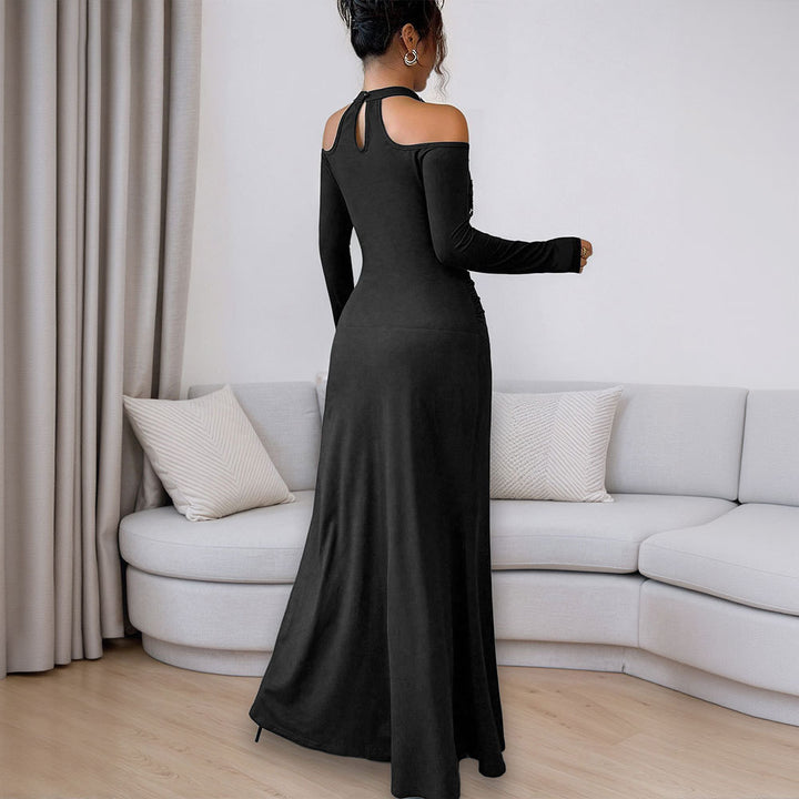 Damen figurbetontes Abendkleid mit schulterfreier Ärmelgestaltung und floralen Akzenten Drune