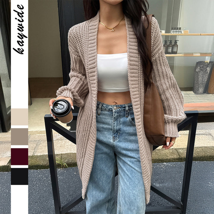 Damen nan lange Grobstrick-Cardigan mit offener Front und Ballonärmeln Drune