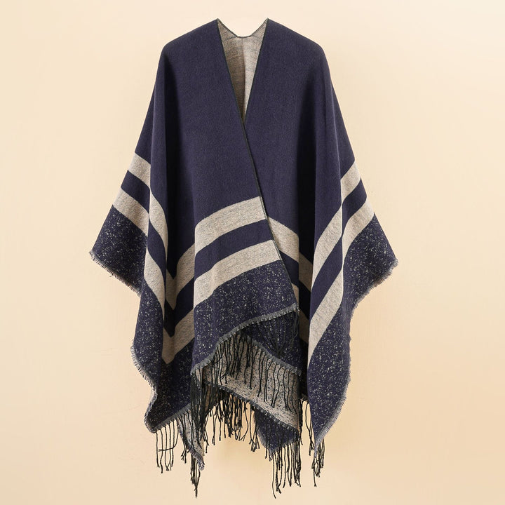 Damen Oversize-Ruana aus Wollmix mit kontrastierten Querstreifen und Fransensaum Drune