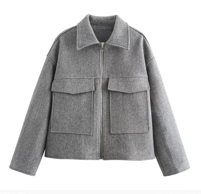 Damen 60+ Boxy Kurzjacke aus Wollmix mit Reißverschluss und aufgesetzten Pattentaschen Drune