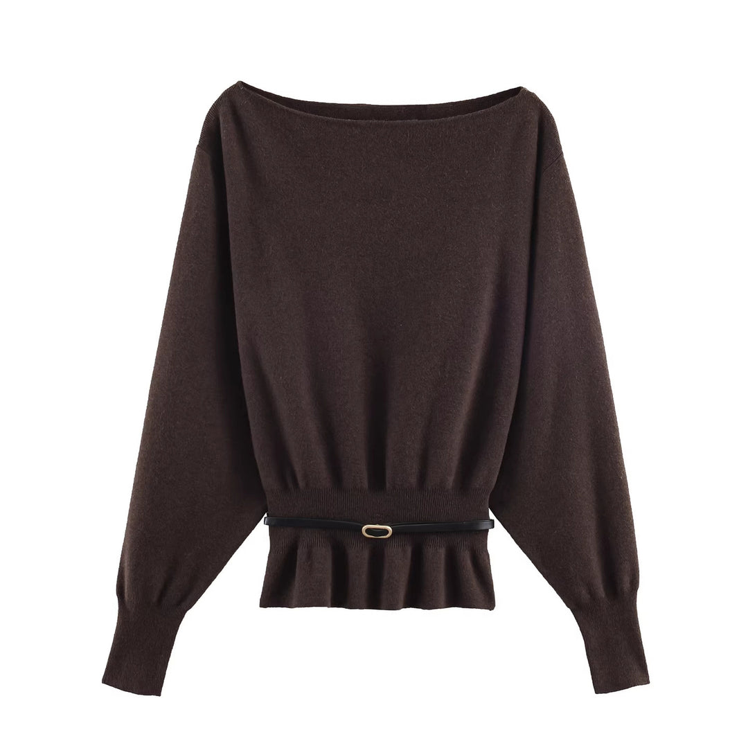 Damen Oversize-Strickpullover mit U-Boot-Ausschnitt, Fledermausärmeln, gerafftem Rippbund und Taillengürtel Drune