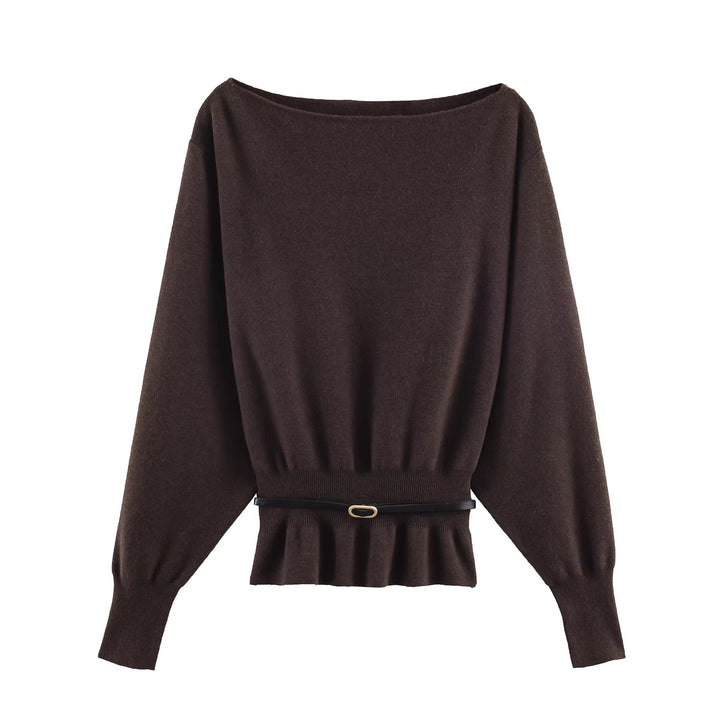 Damen Oversize-Strickpullover mit U-Boot-Ausschnitt, Fledermausärmeln, gerafftem Rippbund und Taillengürtel Drune