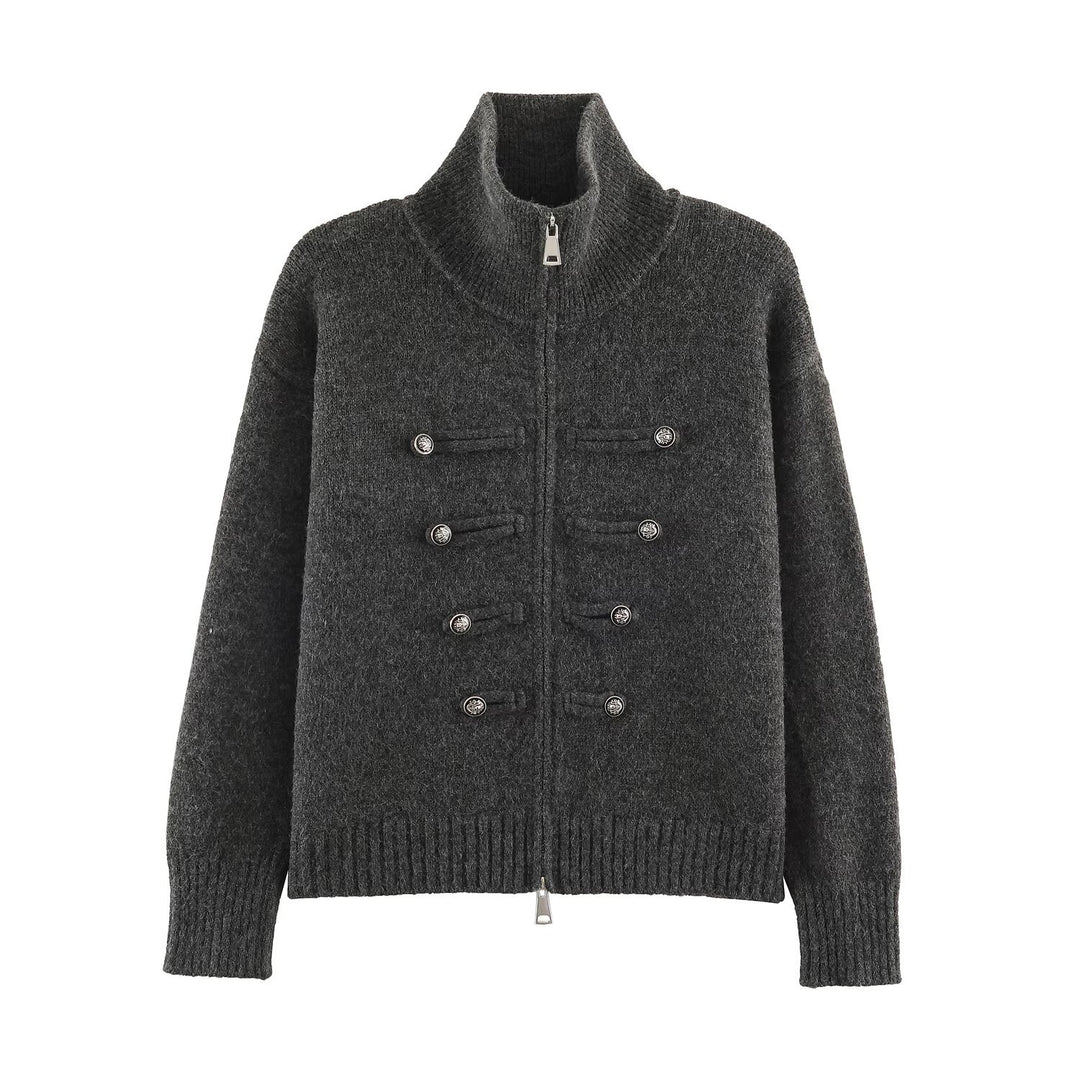 Damen Strickjacke mit Reißverschluss, hohem Stehkragen und dekorativen Zierknopfleisten Drune