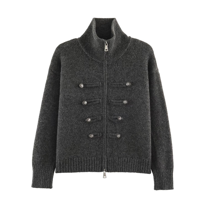 Damen Strickjacke mit Reißverschluss, hohem Stehkragen und dekorativen Zierknopfleisten Drune