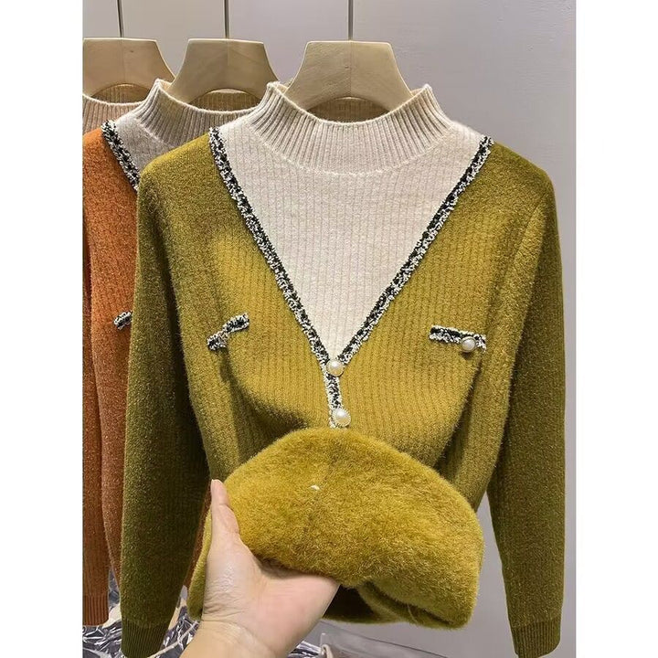 Damen modischer V-Pullover mit Schimmer-Details und Knöpfen Drune