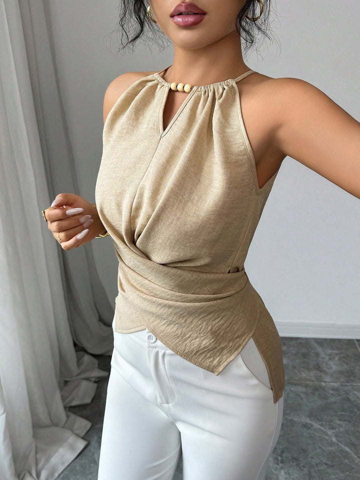Damen Ärmelloses Twist-Halstops mit Holzperlen und asymmetrischem Saum Drune