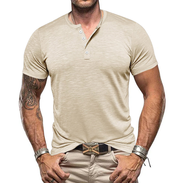 Herren nan athletisches Henley-T-Shirt aus strukturierter Slub-Baumwolle mit kurzer Knopfleiste Drune