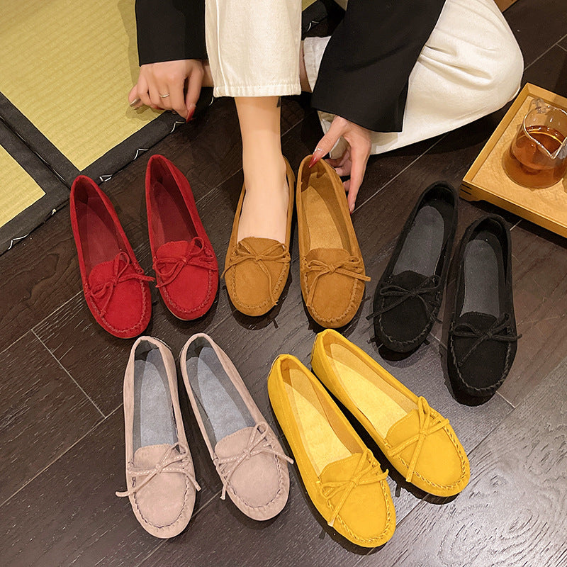 Damen Casual Wildleder Mokassin Ballerinas mit dekorativer Schleife Drune