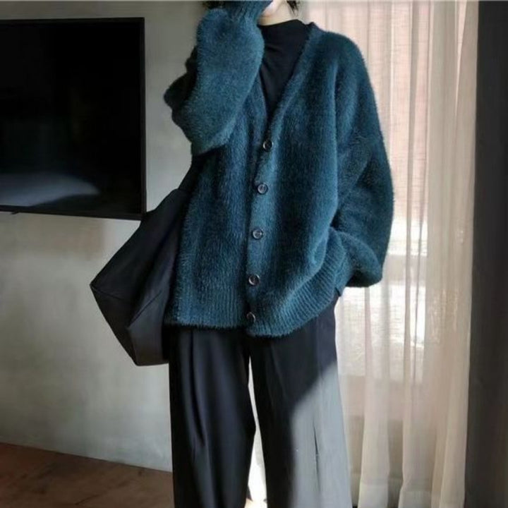 Damen Flauschige Strickjacke mit großen Knöpfen und weit geschnittenem Design Drune