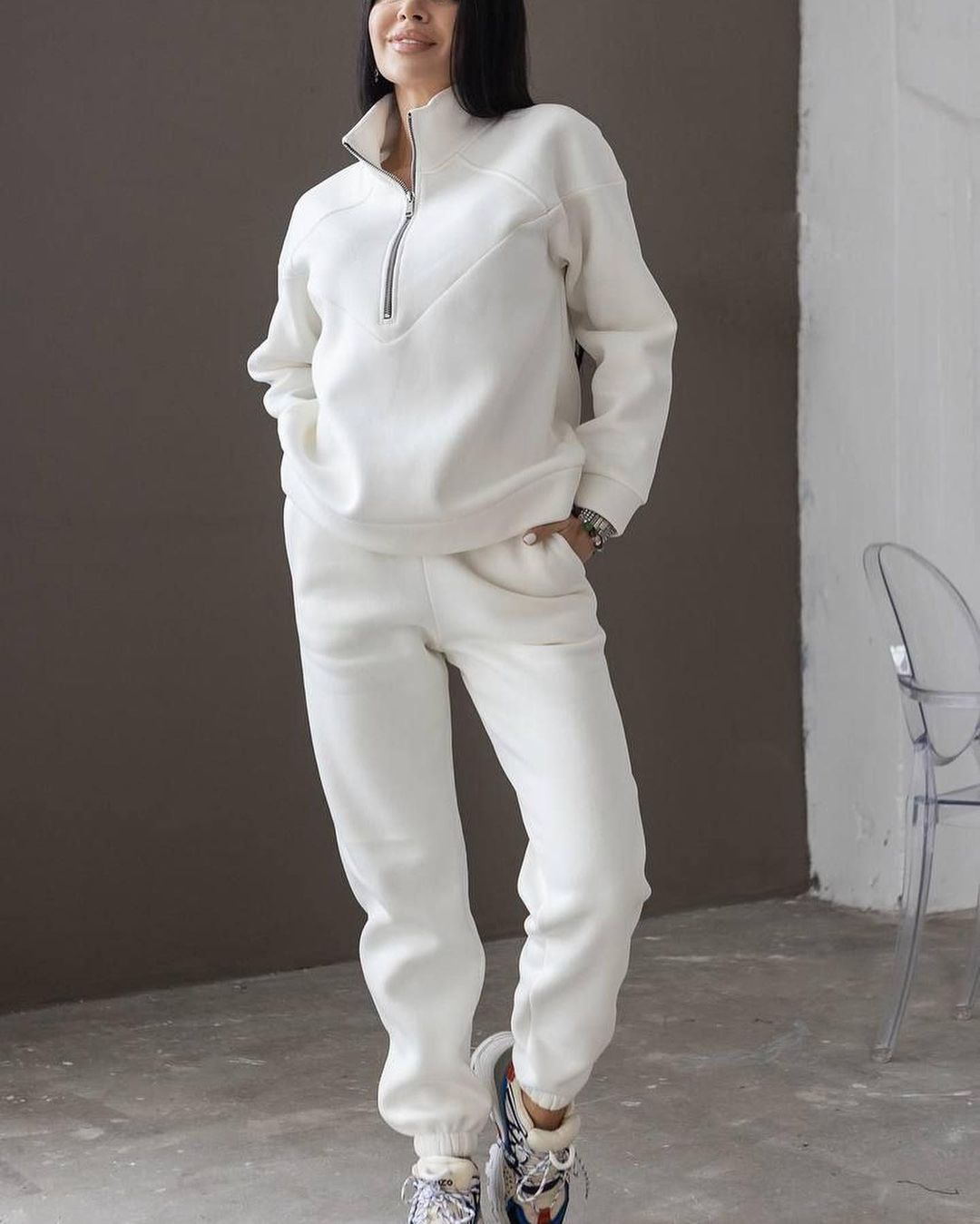 Damen Zweiteiliges Sweat-Loungewear-Set mit Troyer-Reißverschluss und elastischer Jogginghose Drune