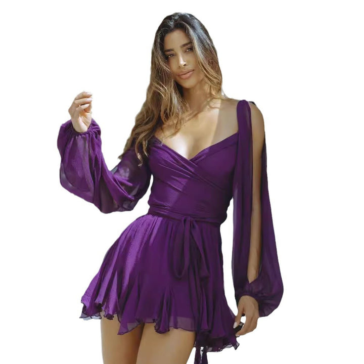 Damen romantisches Minikleid mit weich fließenden Ärmeln und Wickeloptik Drune