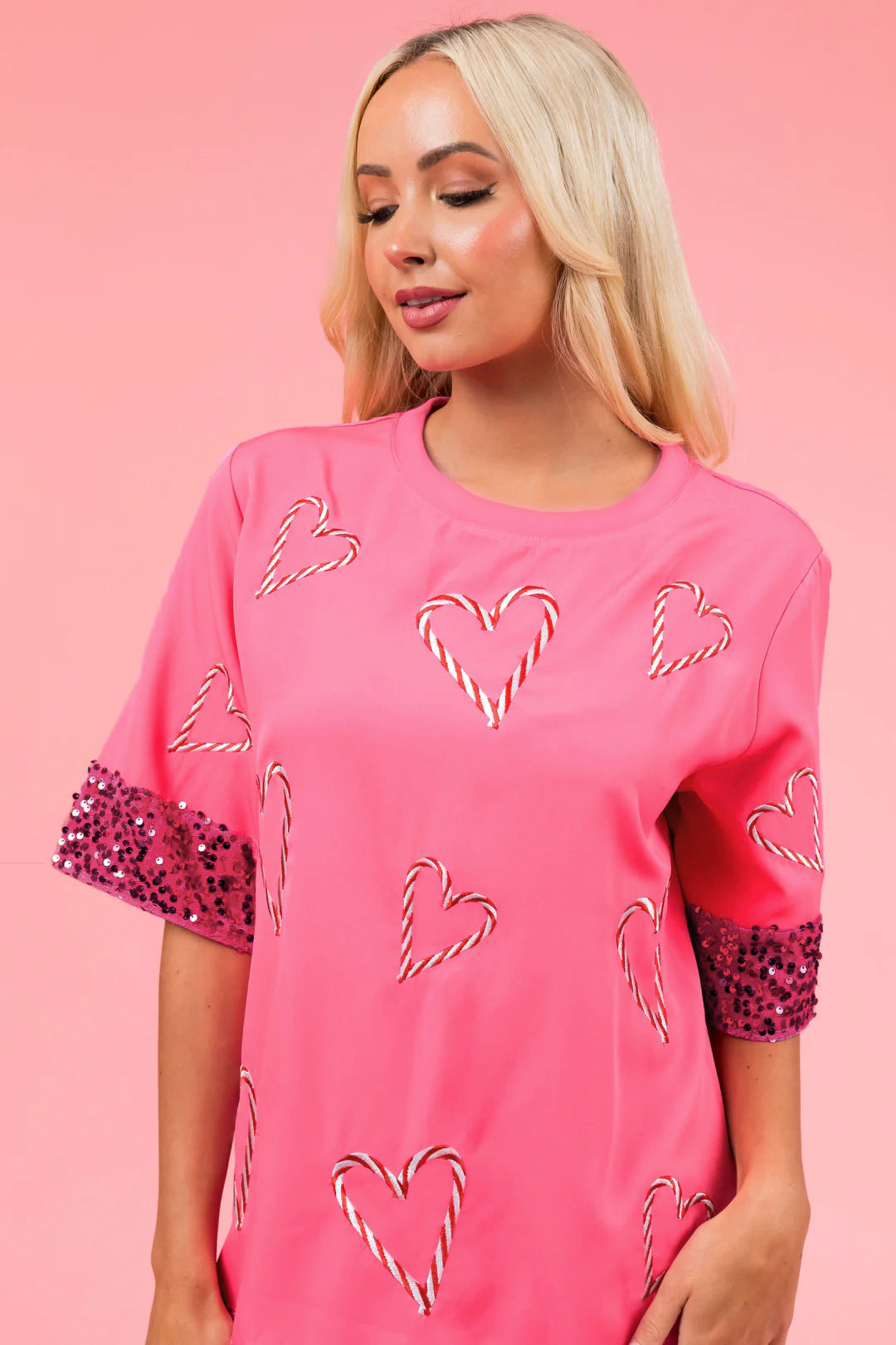 Damen Oversized T-Shirt mit Glitzer-Ärmeln und Herz-Muster Drune