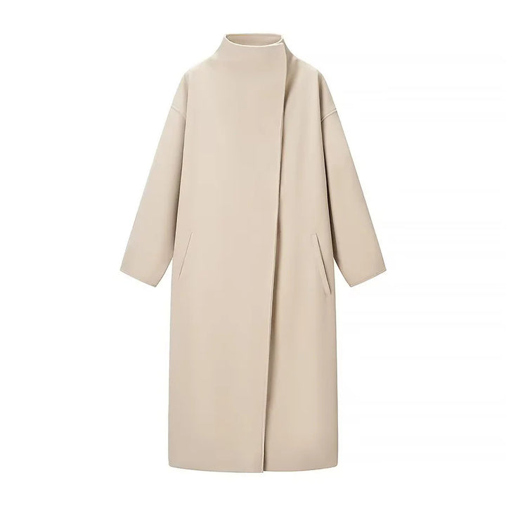 Damen nan minimalistischer Longmantel mit Stehkragen, verdeckter Frontleiste und schrägeingesetzten Eingrifftaschen Drune