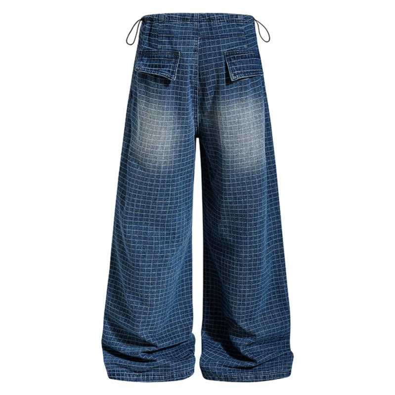 Damen Weite High‑Waist Culotte-Jeans mit Kordelzug, Karomuster und verstellbarem Saum Drune