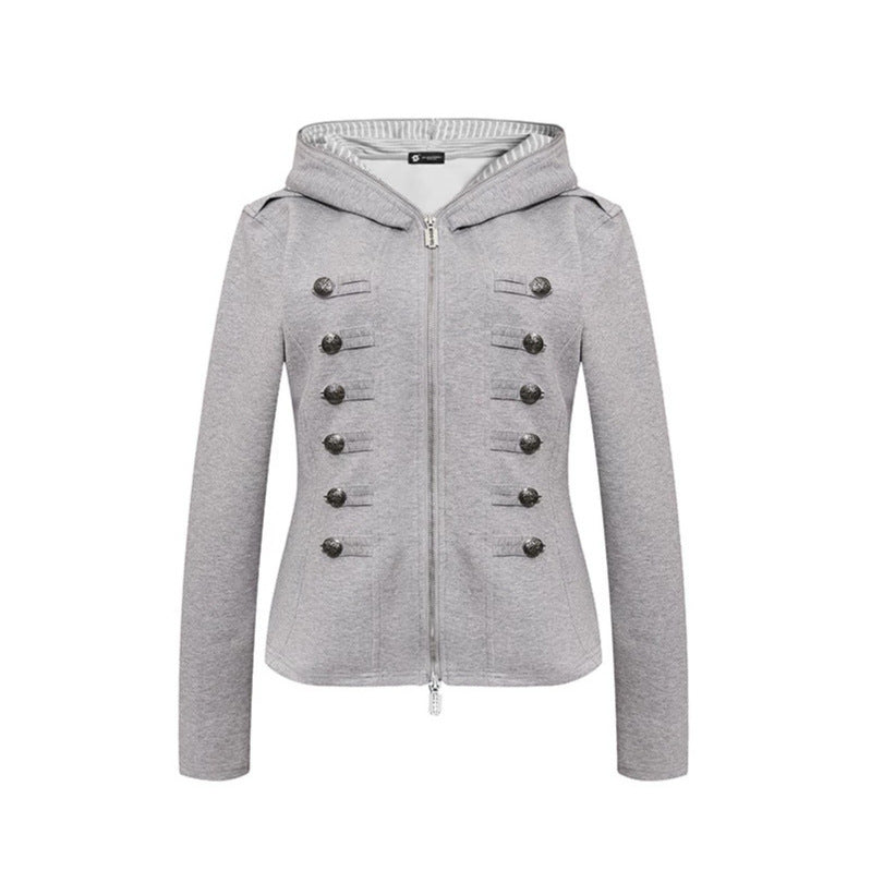 Damen taillierte Kapuzen‑Sweatjacke mit dekorischer Doppelreihe und Metallknöpfen Drune
