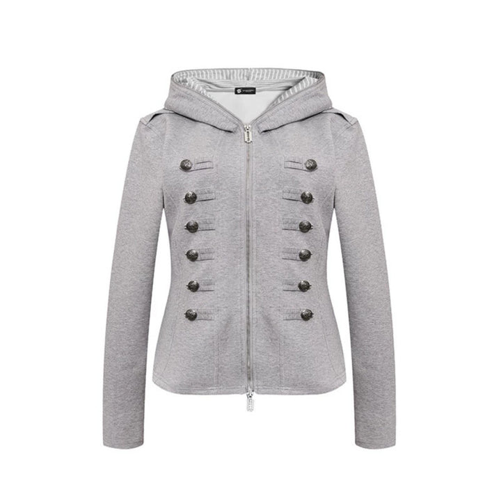 Damen taillierte Kapuzen‑Sweatjacke mit dekorischer Doppelreihe und Metallknöpfen Drune