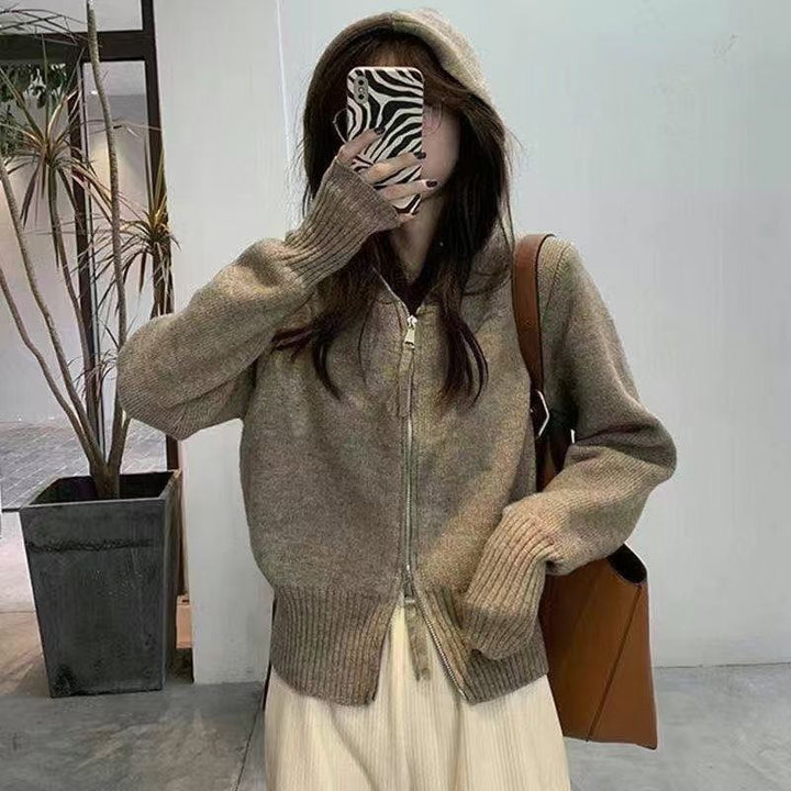 Damen modische Strickjacke mit Kapuze und Reißverschluss Drune