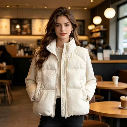 Damen nan kurzer wattierter Pufferjacke mit hohem Stehkragen und praktischen Eingrifftaschen Drune