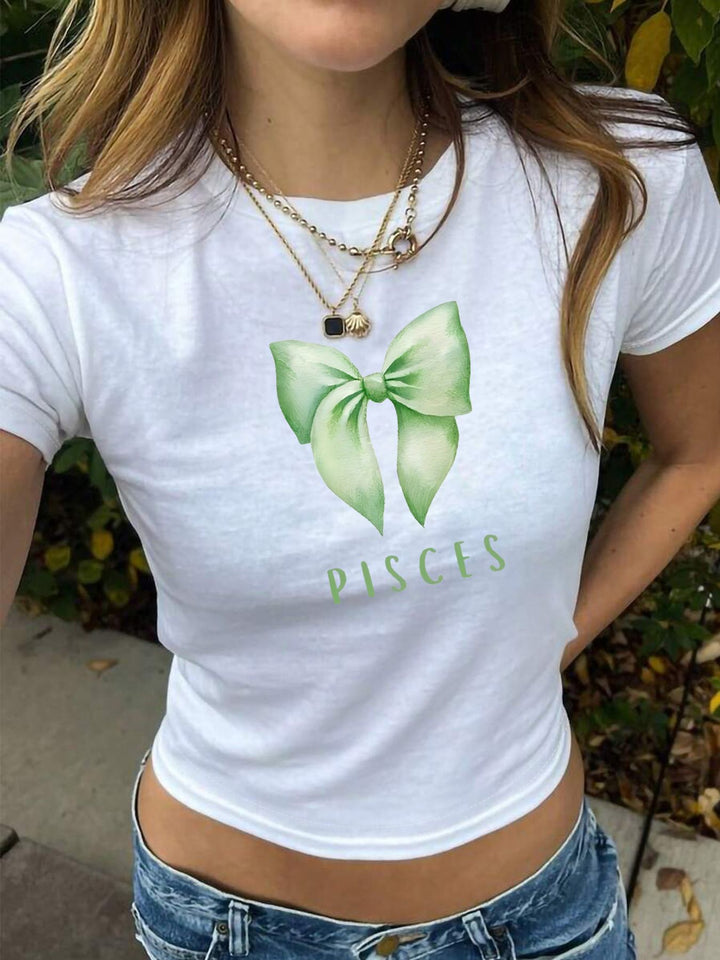 Damen Crop-Shirt mit charmantem Schleifenmotiv und astrologischem Druck Drune