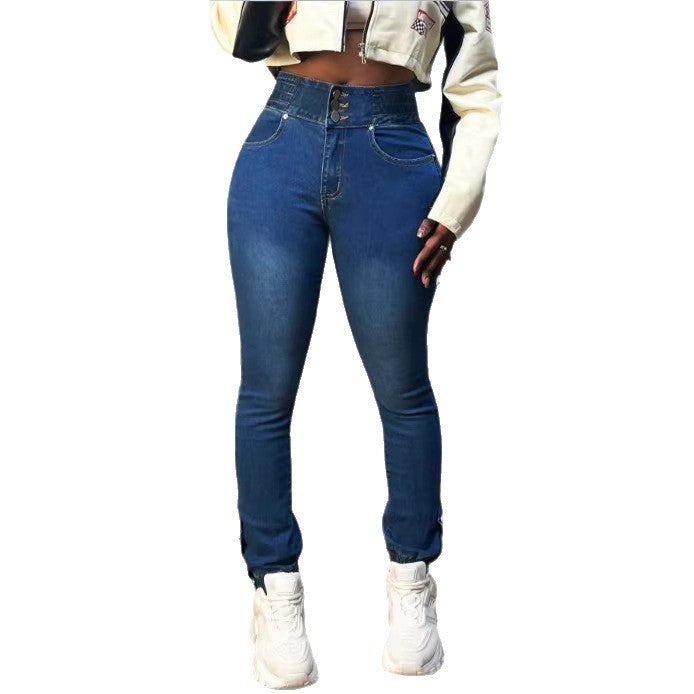 Damen Hochtaillierte formende Skinny-Jeans mit doppeltem Bundverschluss und verstellbarem Knöchel-Tunnelzug Drune