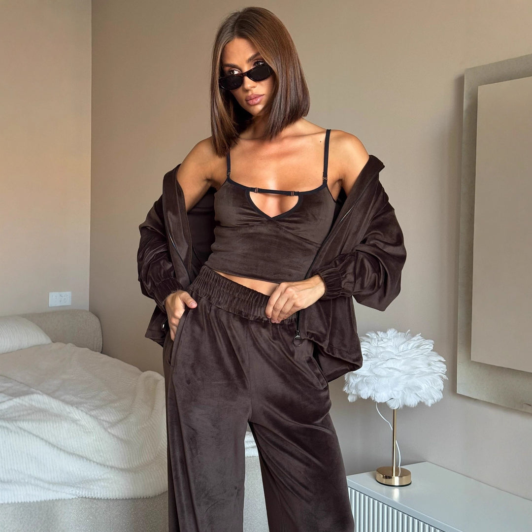 Damen Loungewear-Set mit leichtem Zip-Hoodie, elastischen Bündchen und weiten Palazzo-Hose Drune
