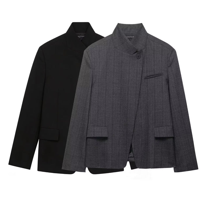 Damen Moderner schlanker Blazer mit asymmetrischer Knopfleiste und Stehkragen Drune