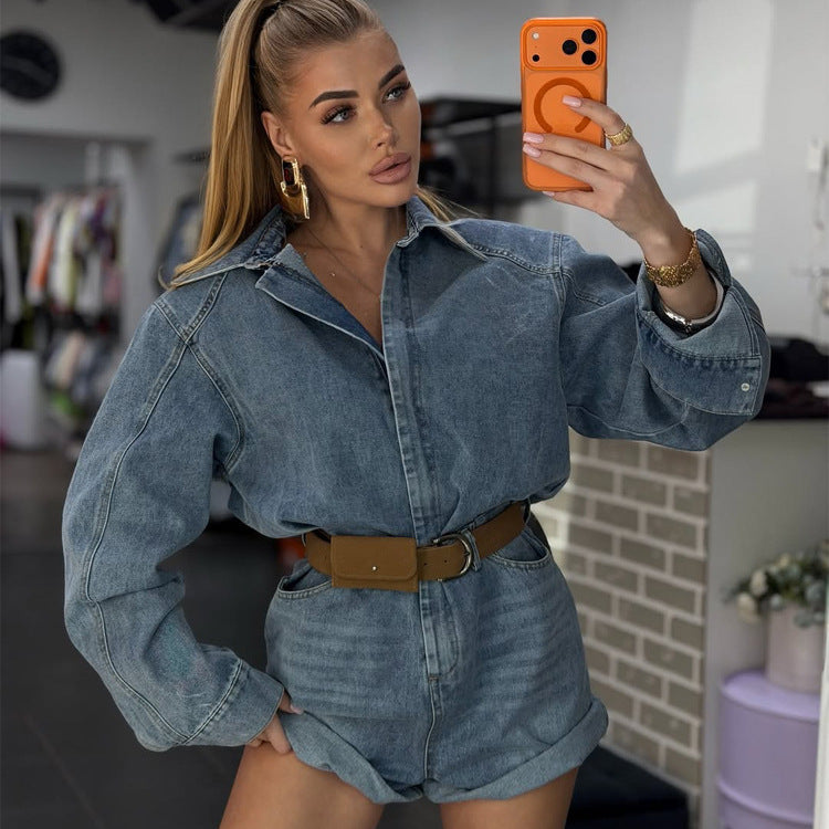 Damen Denim-Shorts-Overall mit kastigem Hemdoberteil und Taillengürtel Drune