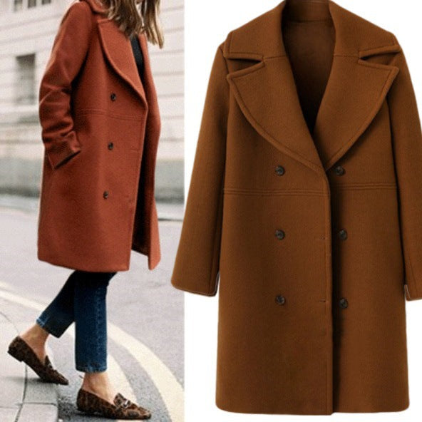 Damen Eleganter Doppelreiher-Wollmantel mit weitem Kragen und praktischen Taschen Drune