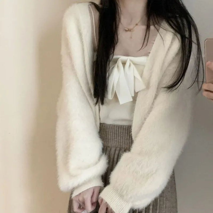 Damen Flauschige Strickjacke mit weiten Ärmeln und bequemen Schnitt Drune