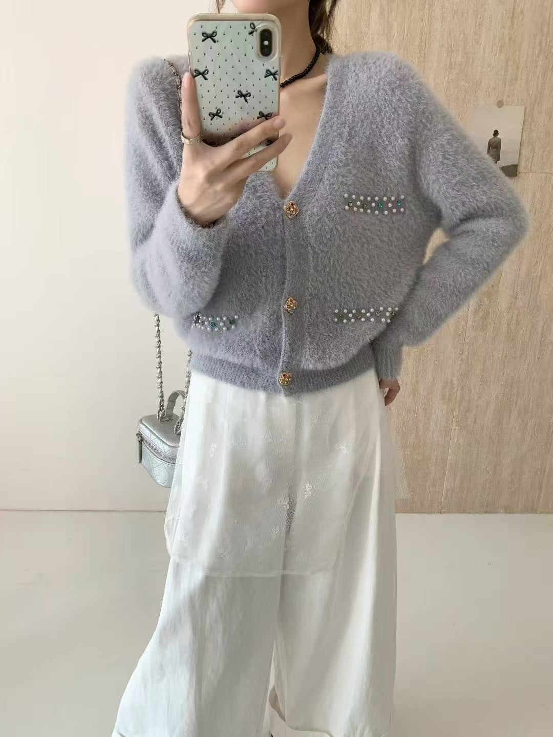 Damen Verspielter V-Ausschnitt Cardigan mit Perlen Drune