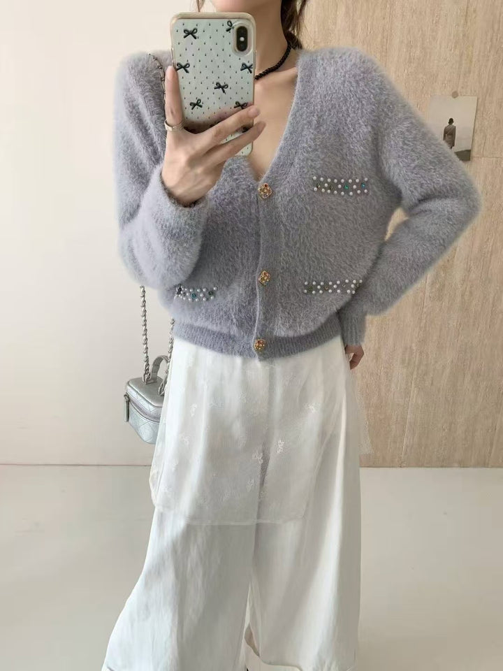 Damen Verspielter V-Ausschnitt Cardigan mit Perlen Drune