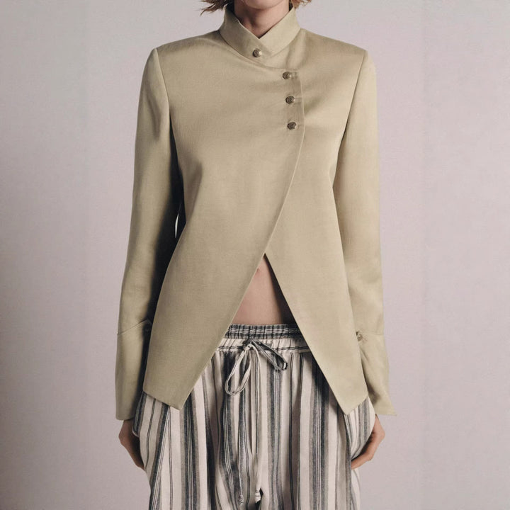 Damen Elegantes Cape-Kurzmantel mit Stehkragen, asymmetrischem Überschlag und Ärmelklappen Drune