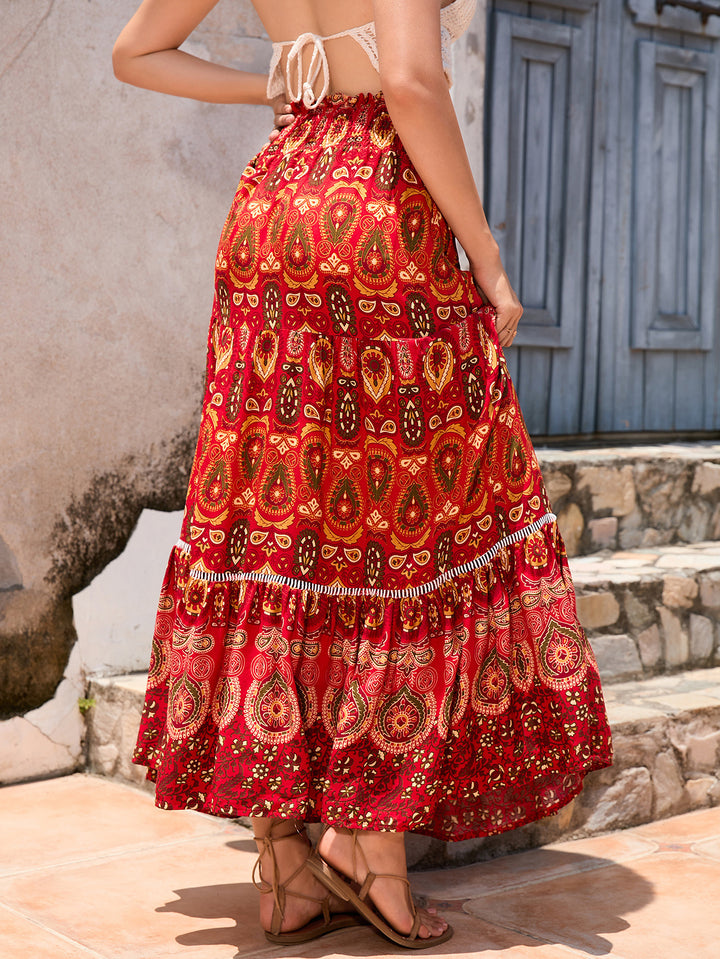 Damen Maxirock im bunten Paisley-Design mit Volant und elastischem Bund Drune